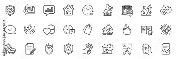 Fototapeta Icons pack as Shield, Chemistry lab and Energy price line icons for app include Bankrupt, Time, Analytical chat outline thin icon web set. Payment, Blood, Gps pictogram. Article, Fraud. Vector