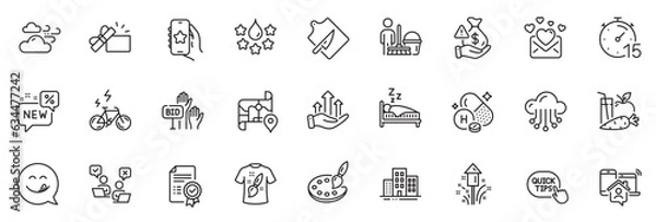 Fototapeta Icons pack as Favorite app, Timer and Cleaning line icons for app include Cutting board, Love mail, Palette outline thin icon web set. Buildings, Sleep, Work home pictogram. Certificate. Vector