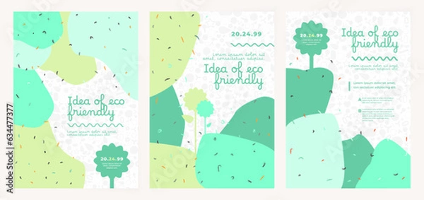 Fototapeta Idea of green eco friendly banner. Set of vector illustrations. Memphis and clean style backgrounds