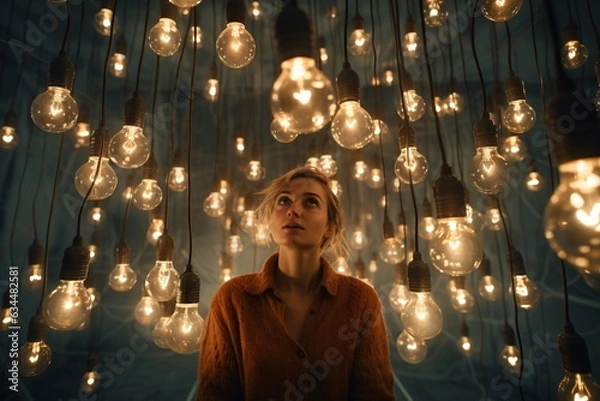 Fototapeta Woman in room full of light bulbs