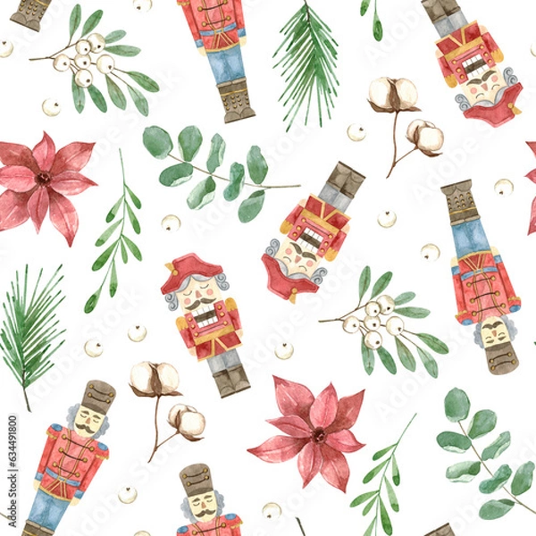 Obraz Pattern with Vintage Christmas retro toys. Watercolor Illustrations of hand made nutcracker, ballerina, rocking horse, Christmas leaves, berries, eucalyptus.
