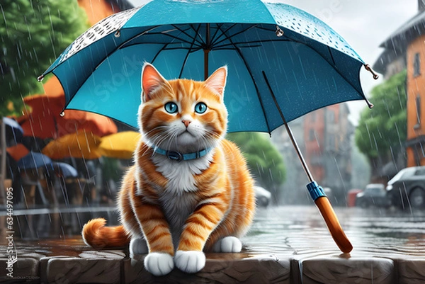 Fototapeta Cat with an umbrella on a rainy day.
Generative AI