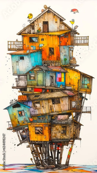 Fototapeta Illustration of colorful houses. House painting in oil and acrylic. Post-processed generative AI