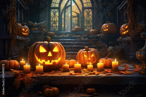 Fototapeta Halloween night. Candle lit Halloween Pumpkins. Halloween Backdrop with spooky pumpkins. Post-processed generative AI