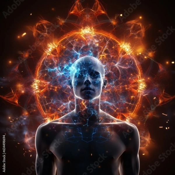 Fototapeta A person merged with technology. Glowing light, energy and fire surround them. Generative AI. 