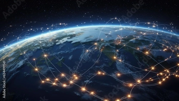 Fototapeta Satellites orbiting the Earth, beaming signals across the globe, illustrating the expansive reach of telecommunications networks