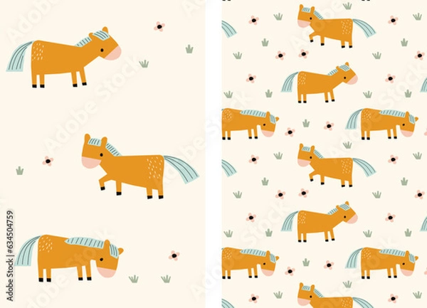 Fototapeta a set card and patterns with Horses, Floral and Abstract elements. Great for wallpaper, backgrounds, packaging, fabric, scrapbook