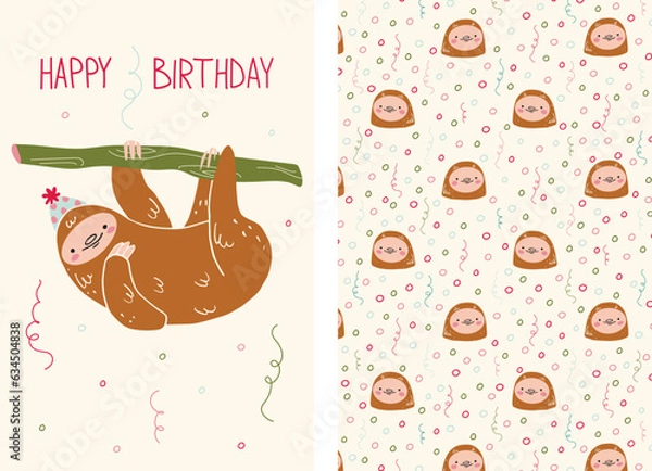 Fototapeta a set of Happy Birthday cards and two patterns with a Cute Sloth.