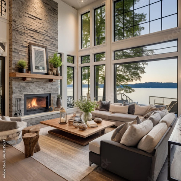 Fototapeta Interior of modern living room with fireplace and lakeside view. Created using generative AI
