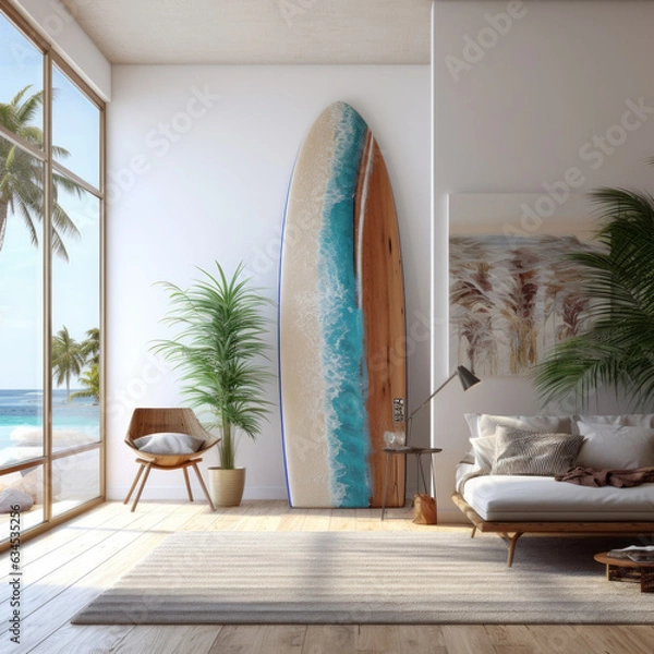 Fototapeta Interior of beach house themed living room with surfboard. Created using generative AI