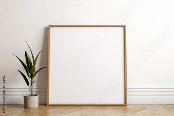 Fototapeta A white blank frame with a potted plant on the floor next to a white wall, Generative AI