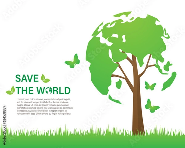 Fototapeta Ecology environmentally friendly concept. Save the world tree shaped world map. vector illustration in flat design. isolated on white background. green sustainable nature.