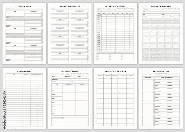 Obraz Minimalist planner pages templates. Yearly Plan, Yearly To-Do List, Weekly Scheduly, 30 Day Challenge, Reading Log, Meeting Notes, Password Tracker, Accounts List.