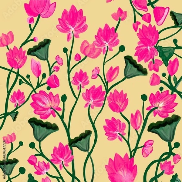 Fototapeta fuschia lotus Pichwai art in yellow background