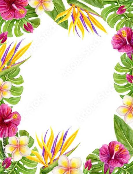 Obraz Tropical frame. Hand drawn watercolor painting with hibiscus, strelitzia, paradise bird flowers and palm leaves.