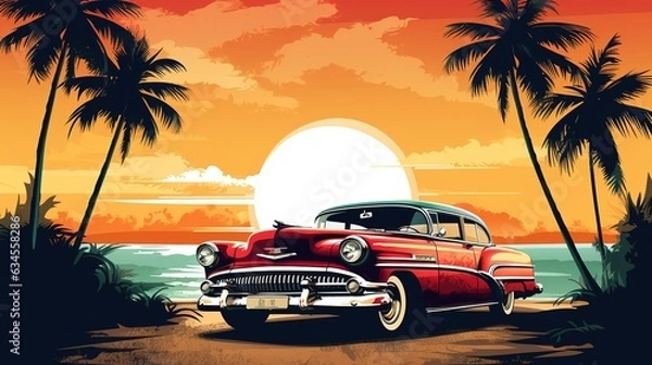 Fototapeta retro car on the beach with palm trees by the sea