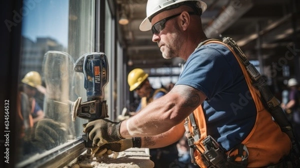 Fototapeta Construction Worker Using Drill To Install Window