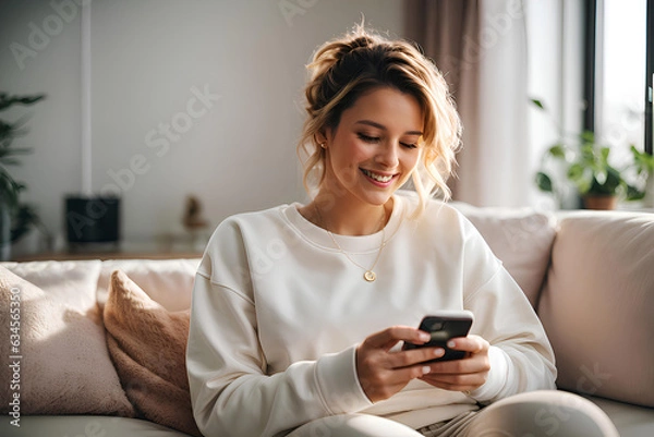 Fototapeta A smiling girl is sitting on the sofa with a phone in her hands.
