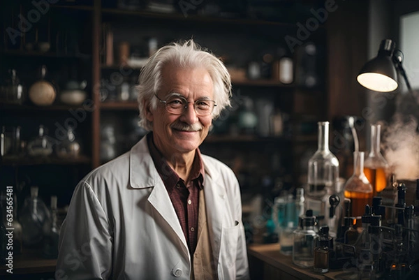 Fototapeta An old smiling scientist is sitting in his laboratory.
