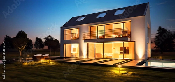 Fototapeta Modern house with garden at night with lights. Generative ai design.