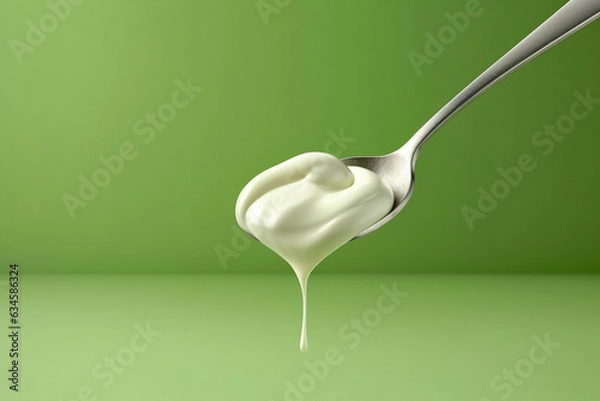 Fototapeta Spoon with fresh natural yogurt or cream, isolated on green background