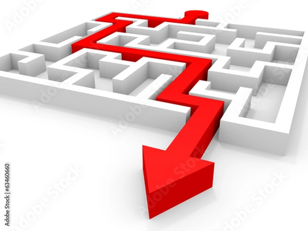 Fototapeta Arrow going through the maze. Right solution concept