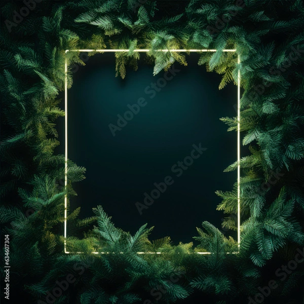 Obraz Winter neon cyber conifer frame, Christmas tree flat lay background with copy space.