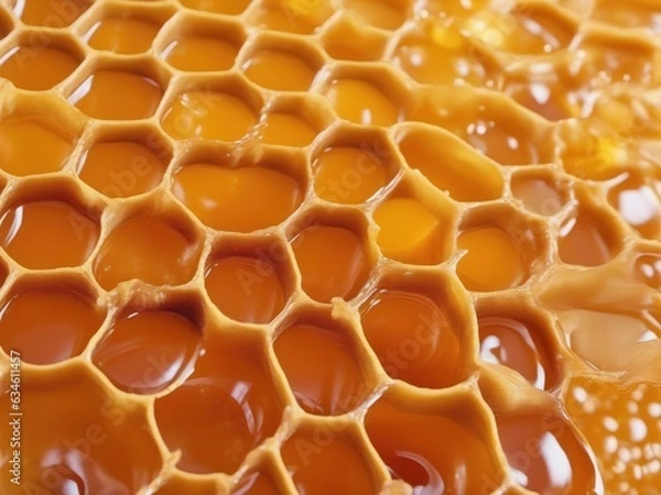 Fototapeta Close-up of golden honey slowly dripping down a honeycomb