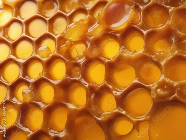 Fototapeta Close-up of golden honey slowly dripping down a honeycomb