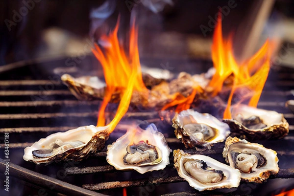 Obraz oysters on grill with fire