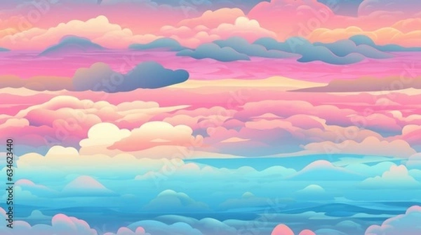 Fototapeta Seamless texture - pastel color early morning sunrise cloudscape over ocean horizon of blue, pink and orange hues - generative AI