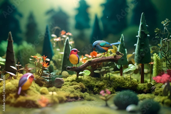 Fototapeta Abstract colorful forest with trees, deers and birds made of paper. Generative AI