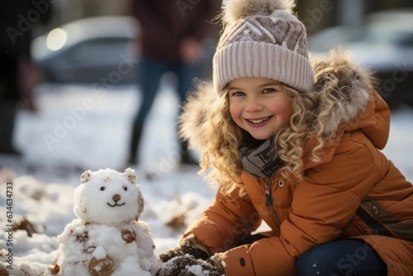 Fototapeta Kids building a snowman in a snowy park  - stock photography concepts