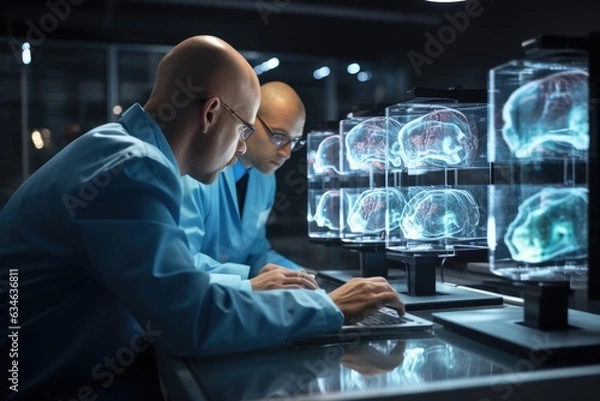 Fototapeta Scientist working with brain scan images on a computer  - stock photography concepts