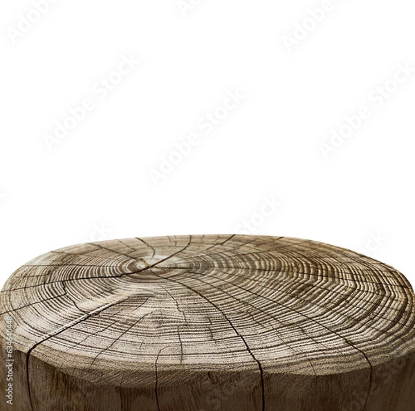 Fototapeta An empty wooden table. Empty wooden base, stump. Wooden surface. The backdrop. Isolated. Copy space
