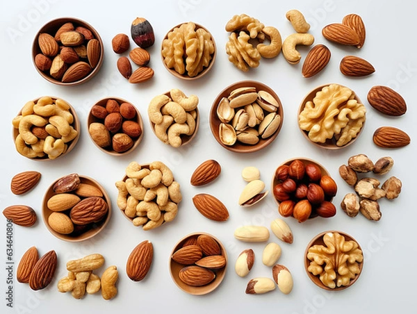 Fototapeta various dried fruits and nuts in plate and loose on light table in an orderly manner.