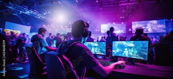 Fototapeta World region gaming expo, gaming industry event or gaming competition amusement, with many live-action players hand-edited generative AI. 