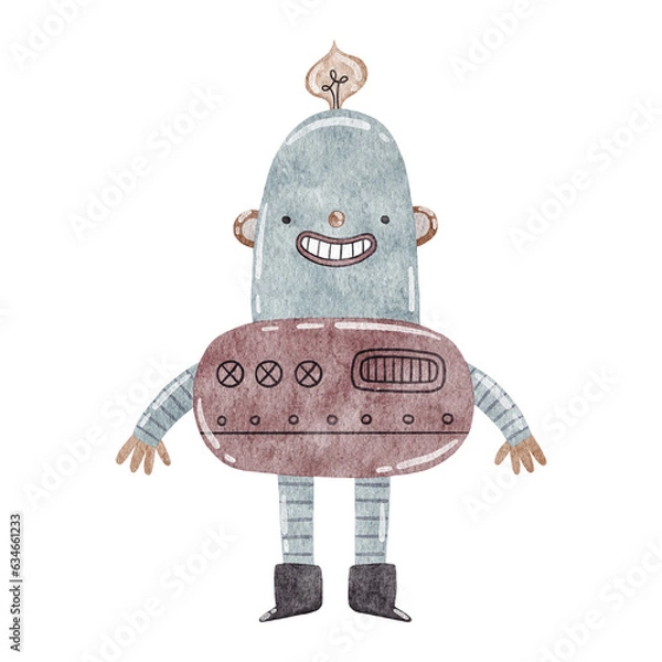 Fototapeta The character of a robot in a happy mood. Watercolor illustration for kids.