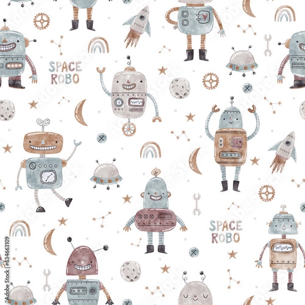 Fototapeta Watercolor baby pattern with robots on white background.