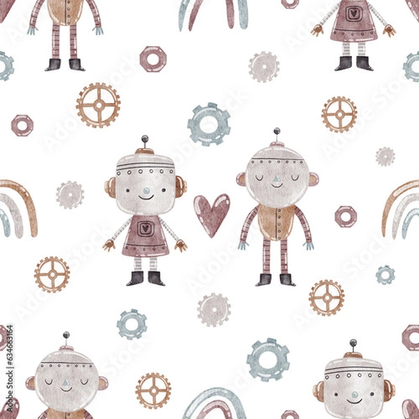 Fototapeta Watercolor pattern with robots in love on white background.