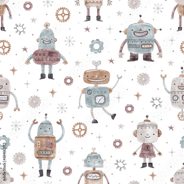 Fototapeta Watercolor cute pattern with funny robots.