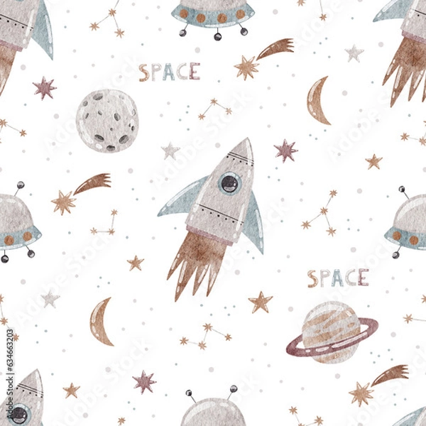 Fototapeta Watercolor pattern with rockets, planets and stars.