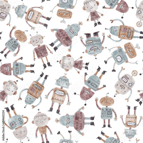 Fototapeta Watercolor seamless pattern with funny robots for kids.