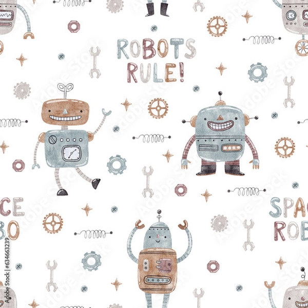 Fototapeta Watercolor seamless pattern with robots. Illustration for kids.