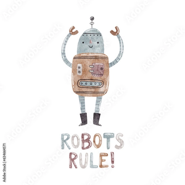 Fototapeta Watercolor illustration with cute robot and text Robots Rule.
