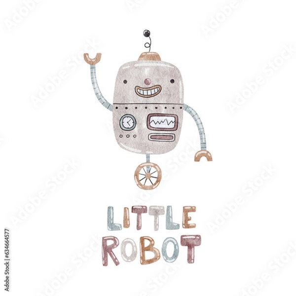 Fototapeta Watercolor illustration with funny robot and text Little Robot. Illustration for kids.