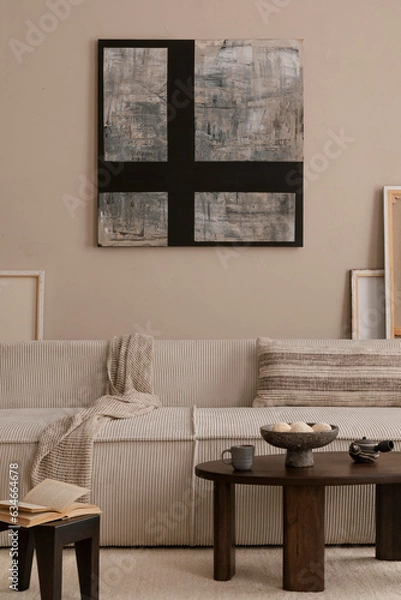 Fototapeta Creative composition of living room interior with mock up poster frame, modular sofa, wooden coffee table, beige pillow, plaid, carpet, marble bowl and personal accessories. Home decor. Template.