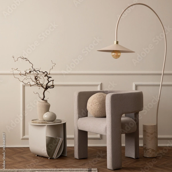 Fototapeta Aesthetics composition of elegant living room interior with modern armchair, round pillow, lamp, gray coffee table, vase with branch, slippers, carpet and personal accessories. Home decor. Template.