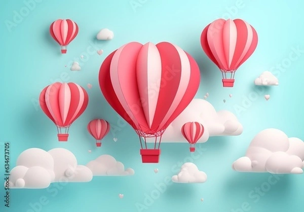 Fototapeta Flying papercut hot air balloons in blue sky with clouds design kid banner, baby shower, birthday greeting card, Mothers day, Valentines Day, social media website, sale flyer Generative AI