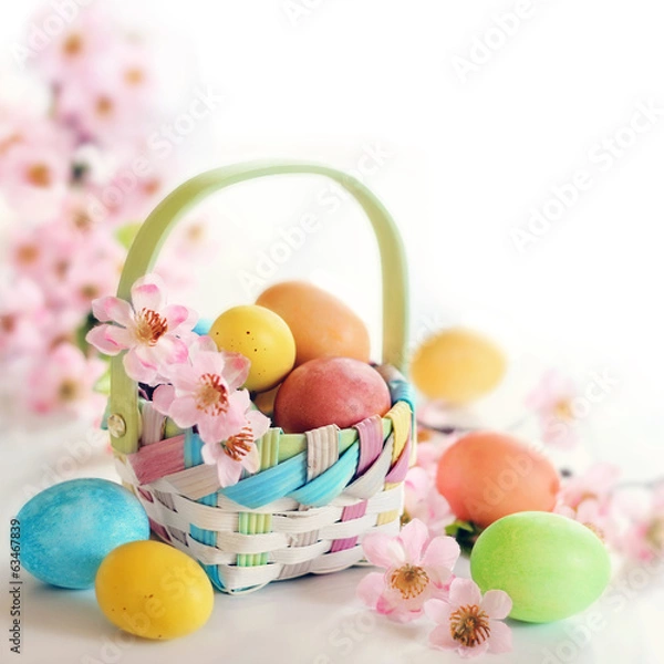Obraz Spring Easter egs and flowers in a basket